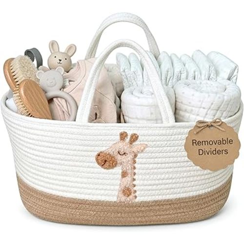 Giraffe Diaper Caddy Organizer for Baby Cotton Rope Nursery Storage Basket 17"x10.5"x7" with Removable Dividers Portable Changing Table Organizer, Car Caddy, Baby Shower Basket