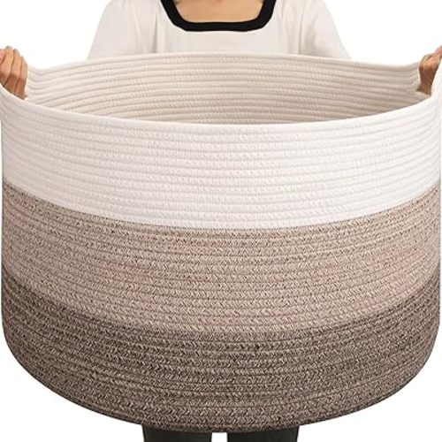 OIAHOMY 105L Blanket Basket for Living Room, Large Basket 23.6" x 23.6" x 14.6" with Handle, Laundry Hamper for Blankets, Pillows, Toy Storage for Kids, Dogs - Gradient Brown