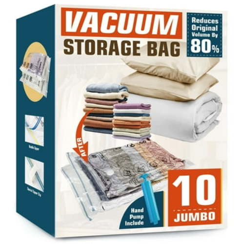 Vacuum Storage Bags, 10 Jumbo Space Saver Bags Vacuum Seal Bags with Hand Pump, Space Bags, Vacuum Sealer Bags for Clothes, Comforters, Blankets, Bedding