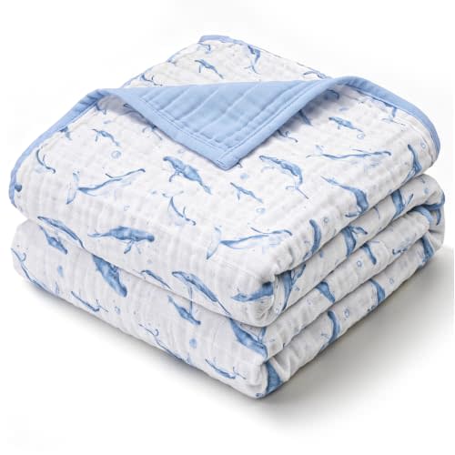 Muslin Baby Blankets for Girls Boys, Cotton Receiving Blanket | Soft Newborn Infant Toddler Baby Blanket, Reversible & Lightweight Nursery Crib Swaddling Wrap 31.5"×43.3" (Blue Ocean)