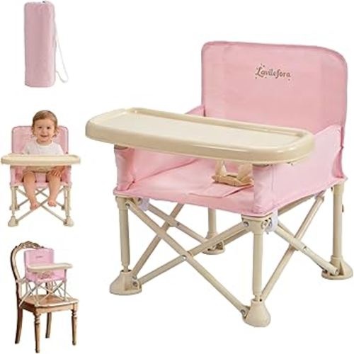 Portable Baby Chair,Portable 3-in-1 Baby Booster Seat with Tray,Folding Toddler High Chair for Travel,Camping, Home & Dining, Easy to Clean & Store, Safe with Child Safety Belt Carry Bag(Pink)