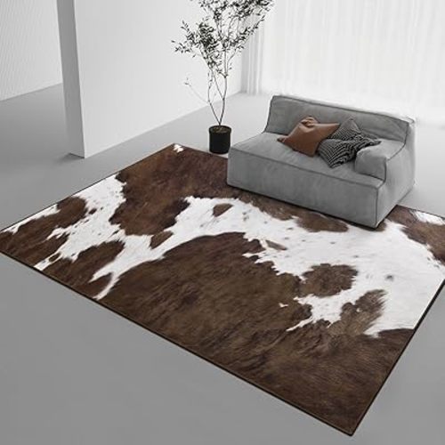 DweIke Washable Area Rugs for Living Room, 4x6 Soft Bedroom Rugs, Cowhide Print Non-Slip Animal Rug, Stain Resistant Throw Carpet for Office Nursery Dining Room Western Home Decor, Brown