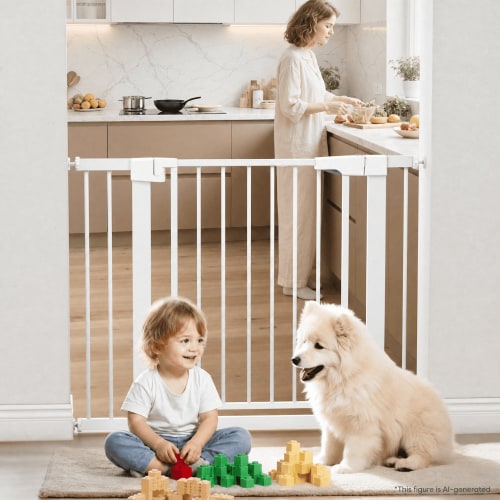 Naipo Baby Safety Gate,29.93~40.55 inch Wide Walk Through Baby Gate Hardware/Pressure Mounting Kit,with 2 Extensions for Age 6 to 24 Months,White