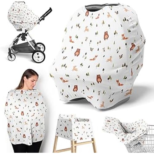 Sweet Jojo Designs Baby Car Seat Cover (Woodland Animals) for Girls & Boys, Infant Multipurpose Nursing, Breastfeeding, High Chair, Shopping Cart, Stroller, Carseat Canopy Carrier (Sage Green, Forest)