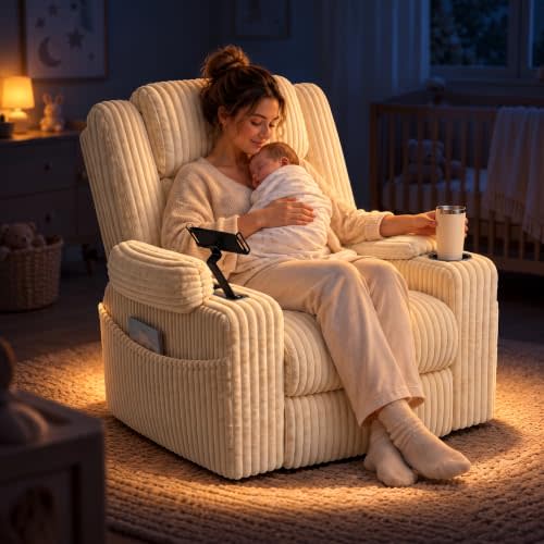 EROMMY Oversized Power Swivel Rocker Recliner with Massage & Heat,Beige | Nursery glider with 270° swivel, 25° rocking, Power recline, 8-point massage&heat, USB & Type-C, Armrest storage