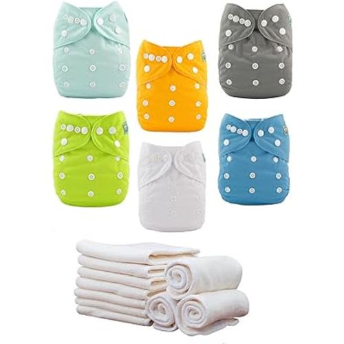 ALVABABY Baby Cloth Diaper 6 Pack with 12 Inserts One Size Cloth Diaper Covers Adjustable Washable Reusable for Baby Girls and Boys
