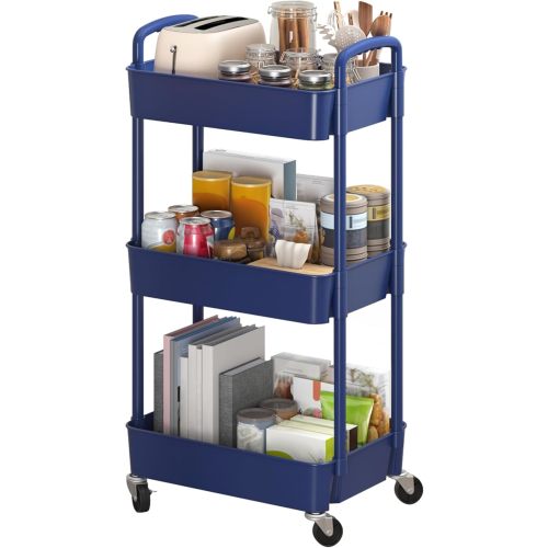 Sywhitta 3-Tier Plastic Rolling Utility Cart with Handle, Multi-Functional Storage Trolley for Office, Living Room, Kitchen, Movable Storage Organizer with Wheels, White