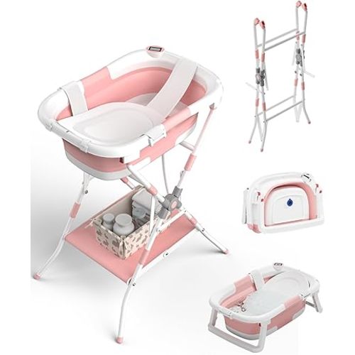 Baby Bathtub with Stand, 2-in-1 Collapsible Bath Tubs for Newborn to Toddler, Infant Bathtub with Folding Stand, Portable Bathtub for Baby Including Soft Cushion, Storage Pad (Pink)
