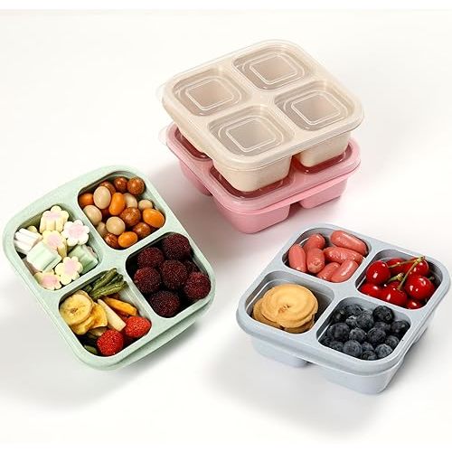 BE OVER QUALITY 4 Pack Meal Prep Containers, 4 Compartment Bento Snack Boxes, Reusable Divided Lunch Box Containers for Adults, Kids, Toddlers, Travel, Work, School