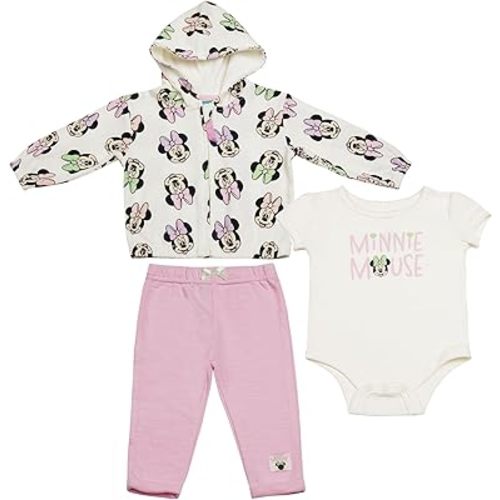 Magic Threadz Disney Clothes Baby Girls 3-Piece Layette Set – Minnie Mouse Outfit Set with Jacket, Bodysuit & Pants (0M–9M)