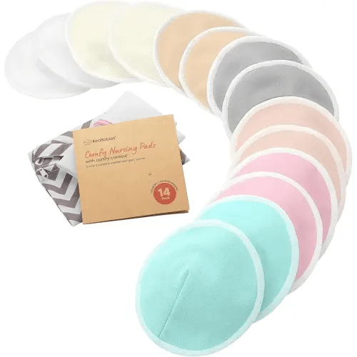 Organic Nursing Pads, 14 Washable Breast Pads,Wash Bag (Pastel Touch, L 5")