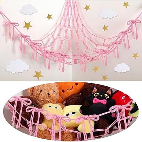 Pink Bow Stuffed Animal Storage Hammock Net Pink Christmas Bow Room Decor for Youth Cute Stuffed Animal Net Corner Plushie Organizer Boho Coquette Nursery Dorm Bedroom Decor Aesthetic