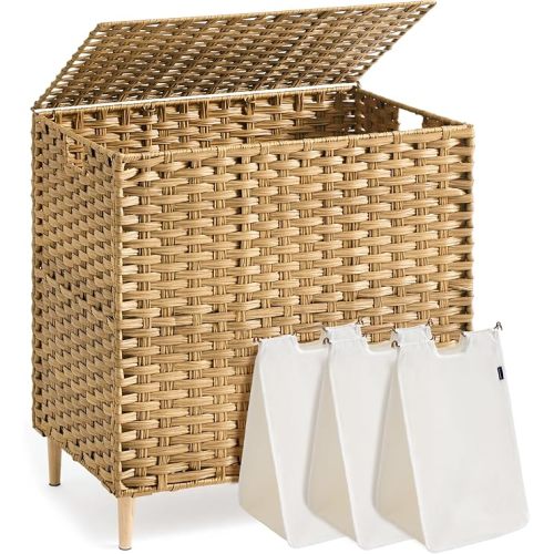 SONGMICS 3-Section Laundry Hamper with Lid, PE Rattan, 42 Gallons (160 L)