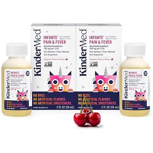 KinderMed Infants' Pain & Fever Medicine, for Ages 2-3 Years, No Dyes, No Artificial Flavors, No Artificial Sweeteners, Vegan, Non-GMO, Gluten Free, Organic Cherry Flavor, Two Pack, 2 x 2 fl. oz