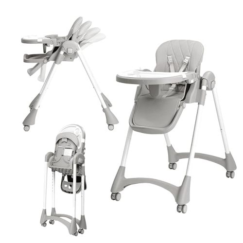 JOYMOR Foldable Baby High Chair, 4 in 1 Convertible Highchair for Eating, Height Adjustble and Multiple Recline, Compact Foldable Design for Easy Storage (Gray)