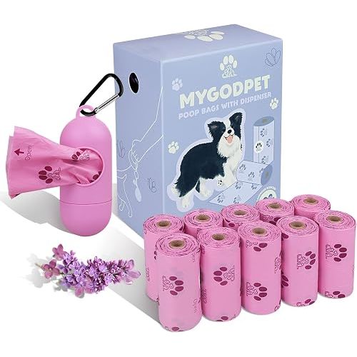 MYGODPET Dog Poop Bags Rolls with Dispenser 150 Count Biodegradable Bags for Dog and Cat Lavender Scented Waste Bag Leak Proof Doggie Poop Bag Doggy Trash Bag Purple