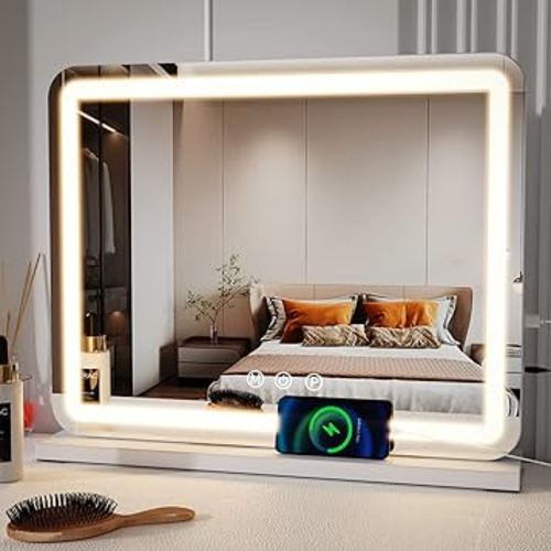 ZL ZELing Vanity Mirror with Lights, 23 Inch Large Makeup Mirror with LED Lights, Smart Touch Dimmable 3-Color Light, Memory Function, USB Charging Port, and Magnifying Glass