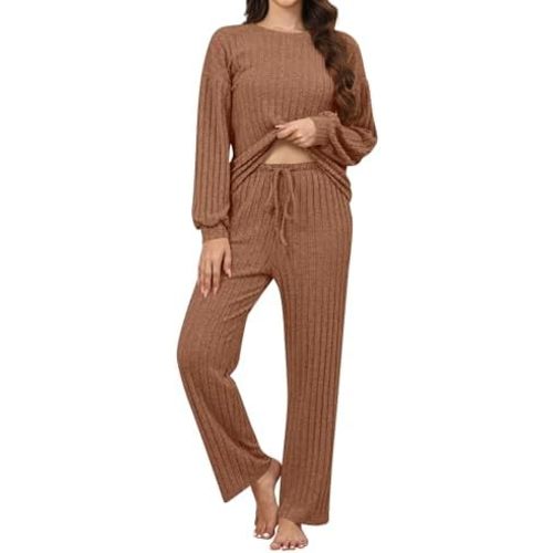 Pajamas for Women Set 2 Piece Lounge Sets Ribbed Knit Long Sleeve Tops Pants Soft Sleep Wear Pj Sets