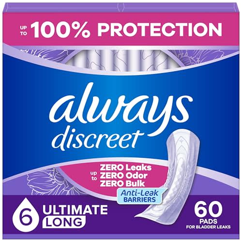Always Discreet Adult Incontinence Pads for Women, Drier, 6 Drop Long Length, Extra Heavy Absorbency, Pads for Bladder Control Management, Bladder Leaks, & Postpartum Pads, 60ct