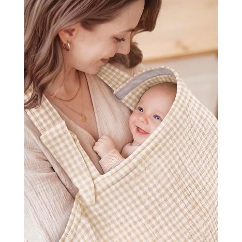 Blissful Diary Muslin Nursing Cover for Breastfeeding, Breathable Breastfeeding Cover up with Arch Neckline for Women, Nursing Apron (Beige Gingham)