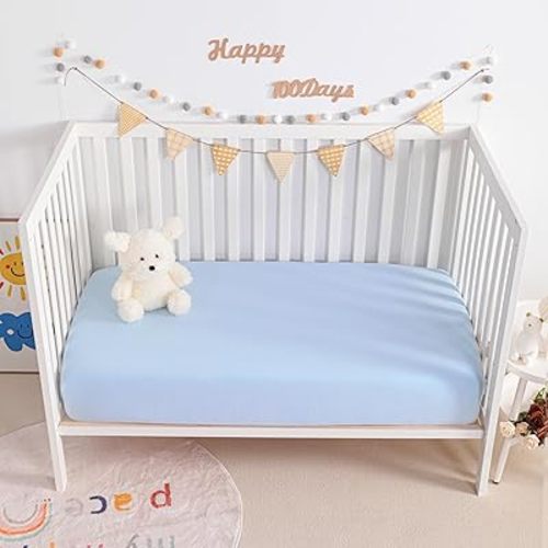 2 Pack Muslin Cotton Crib Fitted Sheets 28x52, Soft and Breathable Double Layer Baby Crib Fitted Sheets for Standard Crib and Toddler Mattress, Boys Girls Unisex, Light Blue