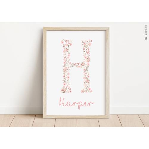 Floral initial personalised name print | New baby girl gift | Flower name print | Personalised prints for girls | Nursery Print |Pink floral