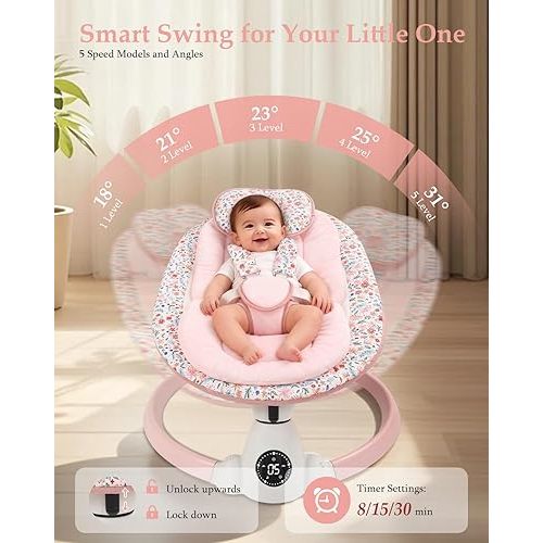 Baby Swing for Infants, Electric Baby Swing with Bluetooth, Portable Infant Swing with 5 Speeds, 10 Lullabies, 5-Point Harness & Remote Control, for Newborns Infants Indoor Outdoor Use (Pink)