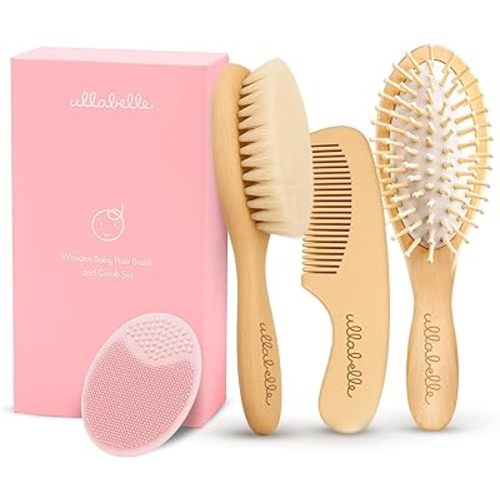 4 Piece Wooden Baby Hair Brush and Comb Set for Newborns & Toddlers in Chic Gift Box - Ultra Soft Natural Goat Hair and Wood Baby Brush Set Prevents Cradle Cap - Perfect Registry Gift (Pink)