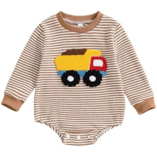 Fernvia Infant Baby Boy Fall Knit Striped Romper Helicopter Truck Fish Embroidered Crew Neck Long Sleeve Jumpsuit Clothes