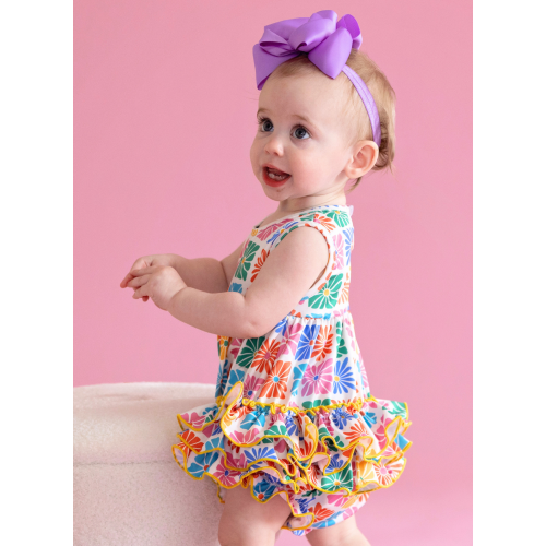 Ruffle Bubble Romper - Flower Tiles