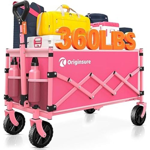 Originsure Collapsible Wagon Cart Foldable - Lightweight Portable Heavy Duty Folding Beach Wagons with Wheels - Outdoor Utility Carts for Grocery, Camping, Shopping with Large Capacity - Pink