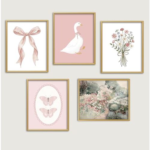 Feronty Vintage Floral Swan Girl Nursery Wall Art Decor, Cottagecore Elegant Ballet Posters Prints, Antique Flower Wall Pictures for Baby Girl Nursery Room Bedroom Decor, 8x10inch Set of 5 Unframed