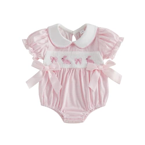 Adobabirl My First Easter Baby Girl Outfit Bunny Embroidery Bubble Romper Short Sleeve Bow Jumpsuit Smocked Clothes