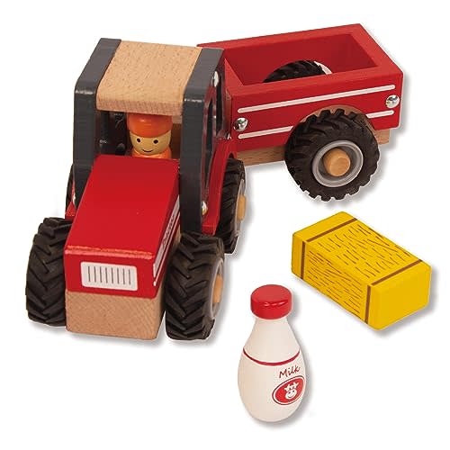 WoodenEdu Wooden Tractor Toys for Toddlers 1-3, Baby Vehicle Toys Hand Push Car Toys for 1 2 3 Year Old Boys Girls (Red)