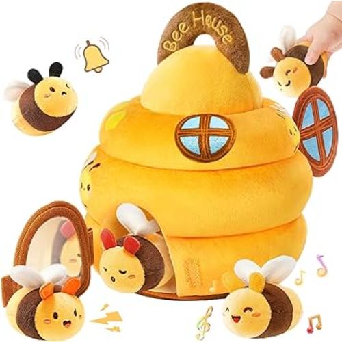 Baby Toys 6-12 Months - Soft Beehive Infant Toy with 5 Sensory Bees, Rattle, Crinkle, Squeaker, Mirror & Music, Montessori Toys for Babies 3 6 9 12 18 Months, Baby Boys Girls Christmas Birthday Gifts