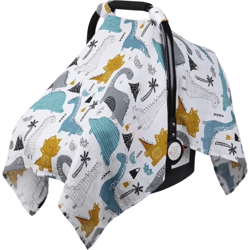 Rquite Dinosaurs Carseat Cover - Muslin Cotton Infant Car Seat Canopy, Breathable Baby Carrier Cover, Summer Stroller Sun Shade