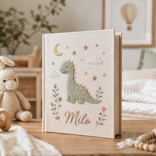 Custom Dinosaur Embroidered Baby Photo Album, Personalized Dino Boy Memory Book, Cute Stegosaurus Newborn Gift, Baby Shower Keepsake