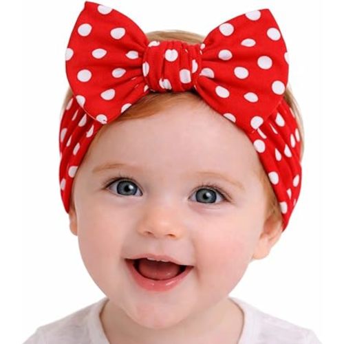 Baby Girl Headbands 0–6 Months – Newborn Infant Soft Cotton Handmade Bow Headband, Stretchy No Mark Baby Hair Accessories (Red with White Polka Dots, 0-6 Month)