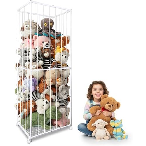 Stuffed Animal Storage, Metal Tube Extra Large Toy Storage Organizer with Brake Wheels, Stuffed Animal Holder Zoo Organizer for Nursery Playroom Kids Room White(61” x 23.6”x 16.5”)
