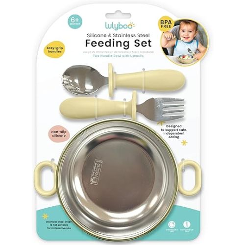 Lulyboo Stainless Steel & Silicone Toddler Feeding Bowl Set - Double-Layer Insulated, Non-Slip Base, Removable Insert, Easy-Grip Fork & Spoon for Easy Self-Feeding, Essential for Babies 6 Months+