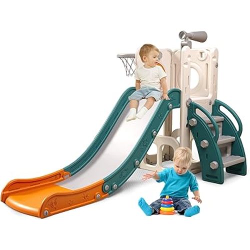 6 in 1 Toddler Playset with Slide,Toddler Slide,Slide for Kids with Basketball Hoop,Ball,Ring Toss,Kids Slide Toddler Playground Toddler Slide Indoor Outdoor Toys
