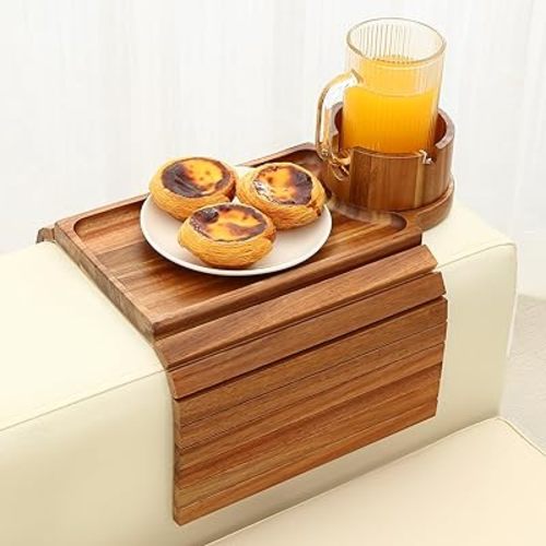 Couch Cup Holder Tray, Acacia Wood Couch Armrest Table with 360° Ratated Phone Holder, 18.99" Flodable Anti-Slip Sofa Armrest Tray Tables for Snacks Remote Storage