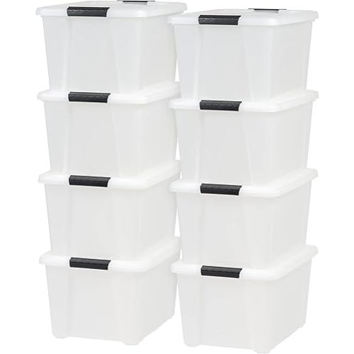 IRIS USA 33 Qt Stackable Plastic Storage Bins with Lids, 8 Pack - BPA-Free, Made in USA - Discreet Organizing Solution, Latches, Durable Nestable Containers, Secure Pull Handle - Pearl