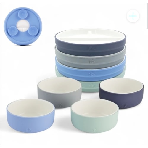 Kids Porcelain Mealtime Bundle | Suction Sleeves | 6.7" Plates + Bowls | 8 Pcs | Sage/Misty Blue/Navy/Gray
