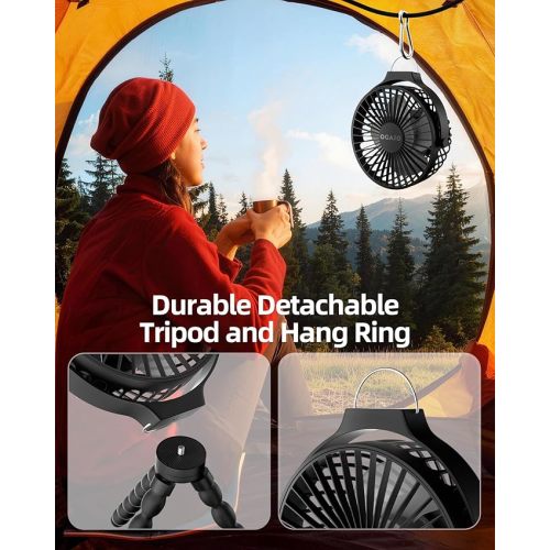 Portable Stroller Fan Rechargeable USB Personal Clip On Fans, 360° Rotate 3 Speeds Detachable Flexible Tripod Small Mini Handheld Desk Fan Black