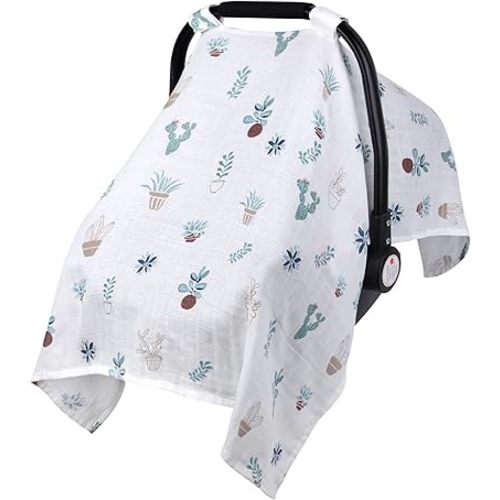 Muslin Carseat Cover for Boys Girls, Breathable Infant Car Seat Canopy, Lightweight Baby Carrier Cover, Newborn Shower Gift, Fit Spring Summer/Hot Days/Warm Weather, Cactus