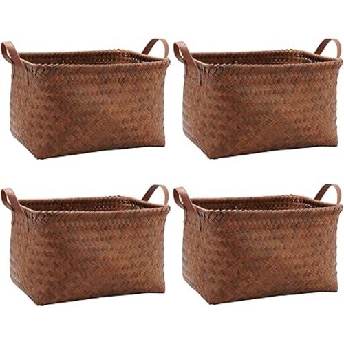 GIB Wicker Storage Baskets for Shelves with Handles 4 Pack, 15"x11" Hand Woven Decorative Rectanguler Baskets Bins Organizer for Blankets Clothes Laundry Bathroom Nursery Picnic, Brown