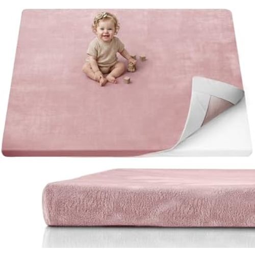 Blissful Diary 1.3" Thick Baby Play Mat, 71x59 Playpen Mat with Removable & Washable Cover, Ultra Soft Crawling Rug for Floor, Foam Cushion & Non-Slip Backing for Kid, Toddlers and Infants, Dusty Pink