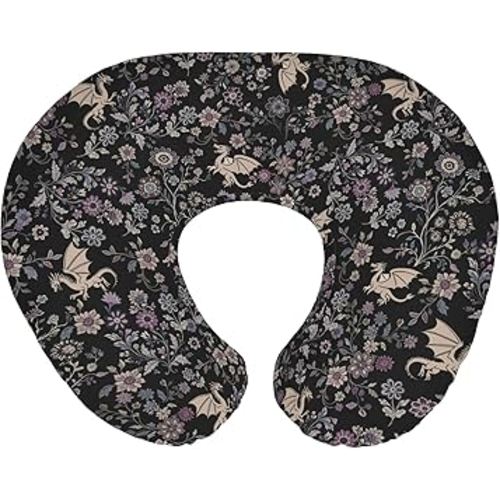 Fantasy Floral Dragons Baby Nursing Pillow Covers for Boy Girl Fairytale Dragon Gothic Black Purple Flowers Nursing Slipcovers for Breastfeeding Pillows Animal Soft Stretchy Cover for Newborn Infant