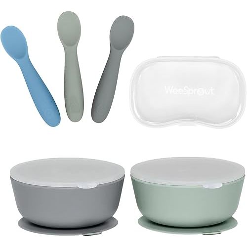 WeeSprout 2 Suction Bowls & 3 Baby Spoons with Travel Case Bundle - Silicone Baby Feeding Essentials - Leak-Proof Bowls with Lids - Soft Self-Feeding Spoons - Dishwasher Safe Toddler Dinnerware